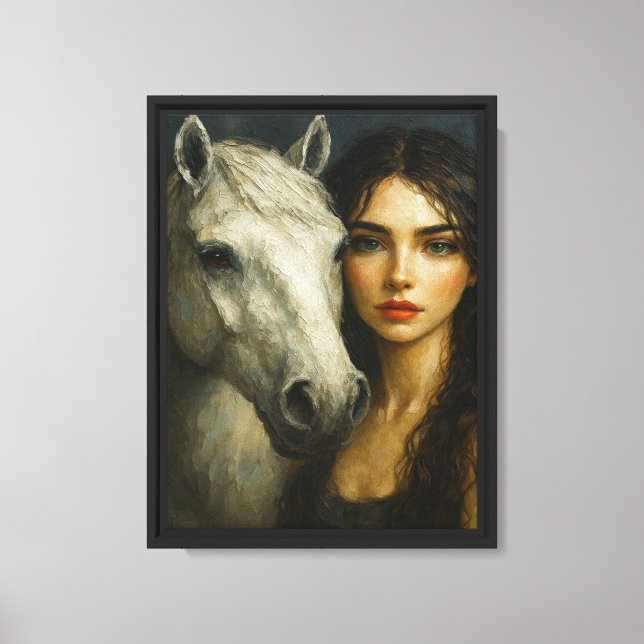 Arte de pared de lienzo de mujer con caballo blanc (Anverso)