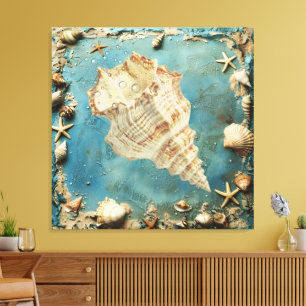 Arte de pared de lona con conchas náuticas