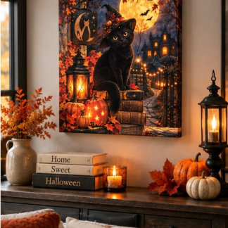 Arte de pared de lona de Halloween de gato negro l