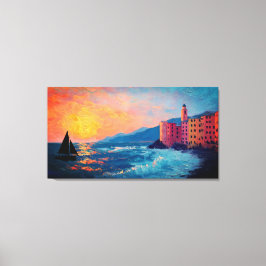 Arte de pared de lona de pueblo junto al mar Medit