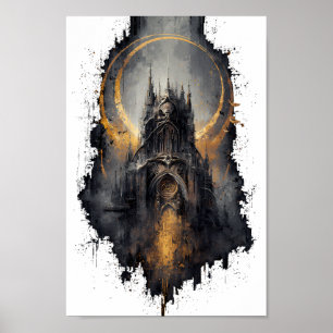 Arte de pared de luna dorada de castillo gótico