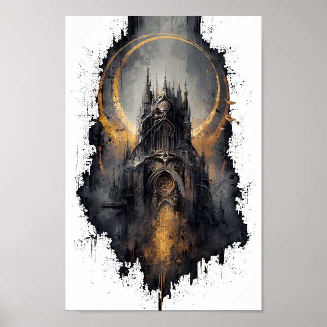 Arte de pared de luna dorada de castillo gótico (Frente)