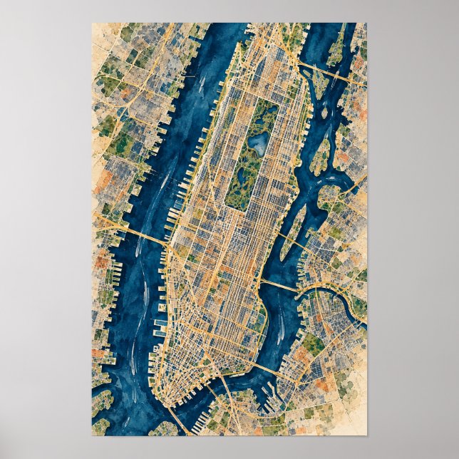 Arte de pared de mapa aéreo de Manhattan Nueva Yor (Frente)