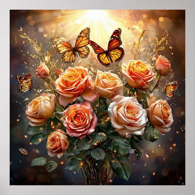 🌹 Arte de pared de mariposa rosa melocotón Floral (Frente)