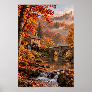 Arte de pared de molino de agua de otoño