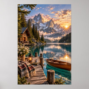 Arte de pared de montaña de cabaña en lago alpino