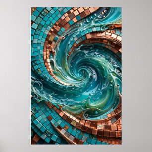 Arte de pared de mosaico de onda azul verdoso