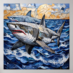 Arte de pared de mosaico de tiburón doble océano  