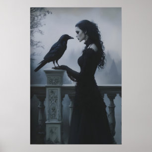 Arte de pared de mujer gótica y cuervo, Dark Acade