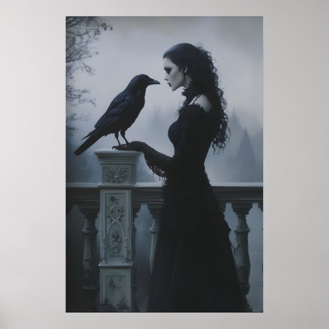 Arte de pared de mujer gótica y cuervo, Dark Acade (Frente)