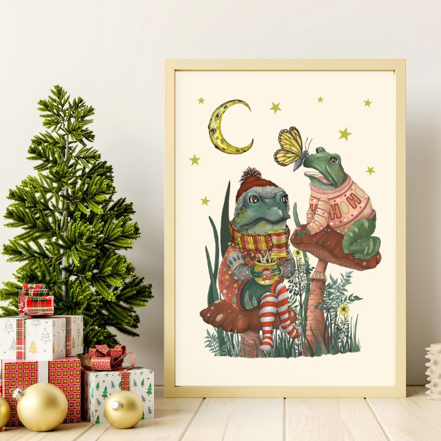 Arte de pared de Navidad de rana y sapo lindos en  (Best Friend Frogs Whimsical Christmas Wall Art)