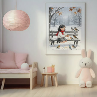 Arte de pared de niña linda de invierno alimentand