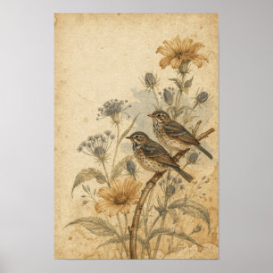 Arte de pared de pájaros cantores entre flores dor