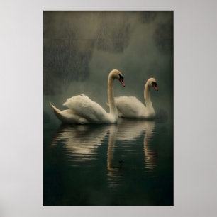 Arte de pared de pareja de cisnes antiguos, ilustr