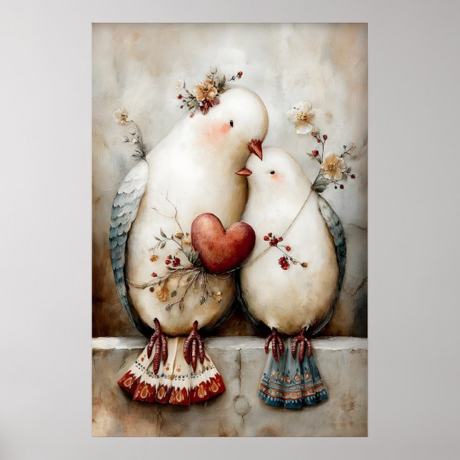 Arte de pared de pareja de palomas, Ilustración ro (Frente)