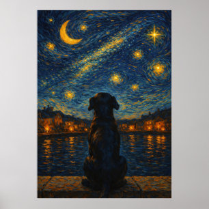 Arte de pared de perro bajo el cielo estrellado