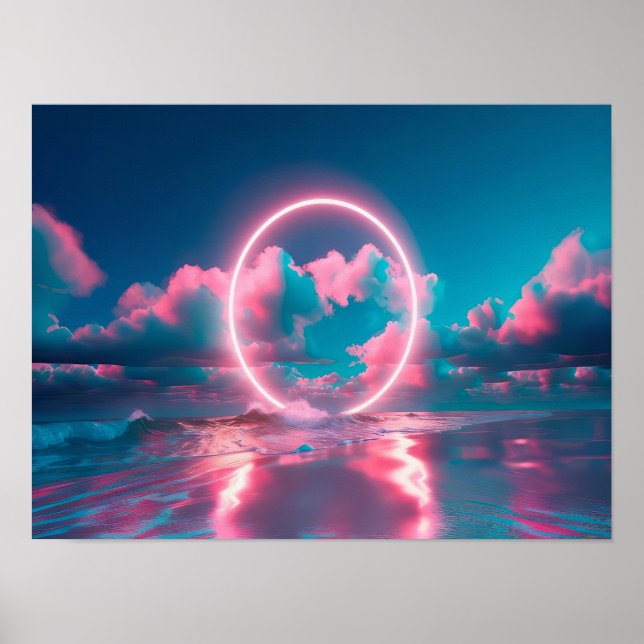 Arte de pared de playa de nube rosa neón horizonta (Frente)