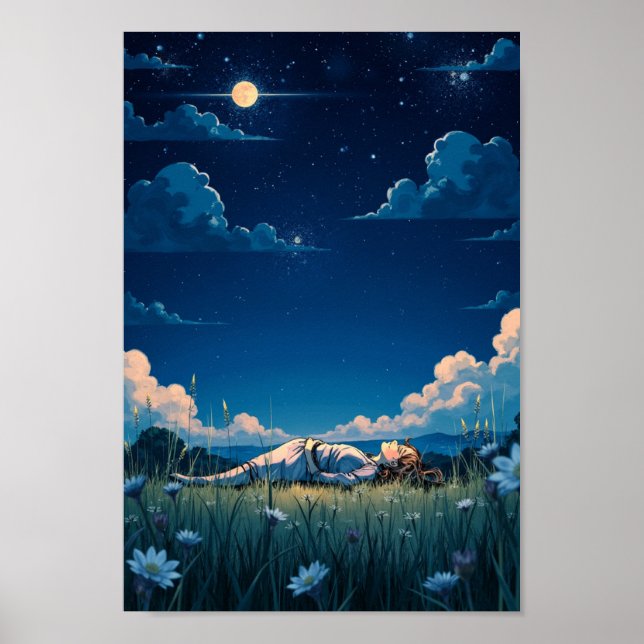Arte de pared de prado anime noche estrellada (Frente)