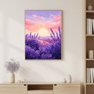 Arte de pared de puesta de sol de campo de lavanda