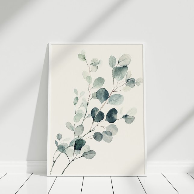 Arte de Pared de Rama de Eucalipto en Acuarela Vin (Vintage Watercolor Eucalyptus Branch Wall Art on a white floor.)
