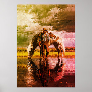 Arte de pared de reflexión de vaquero y caballo –