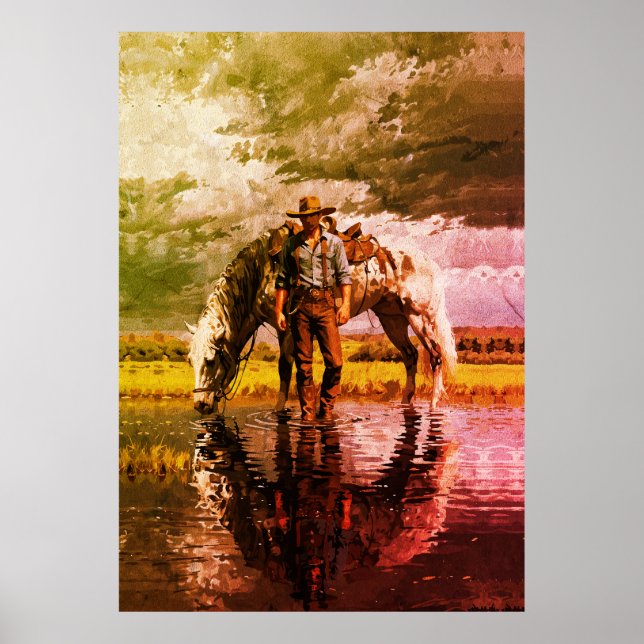 Arte de pared de reflexión de vaquero y caballo –  (Frente)