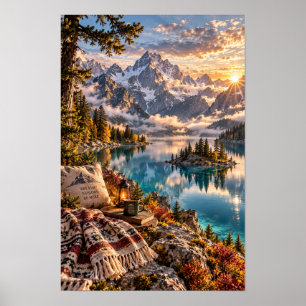 Arte de pared de retiro al amanecer en la montaña