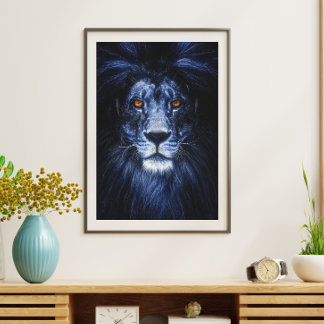 Arte de pared de retrato animal de león azul