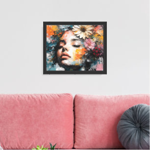 Arte de pared de retrato de mujer floral abstracto