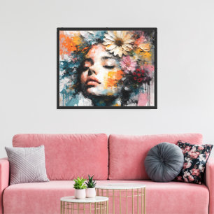 Arte de pared de retrato de mujer floral abstracto