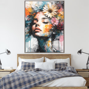 Arte de pared de retrato de mujer floral abstracto