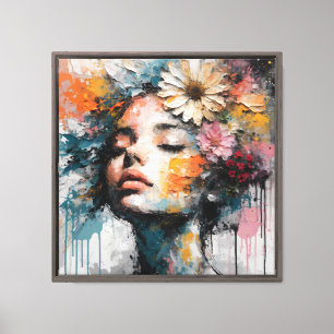Arte de pared de retrato de mujer floral abstracto