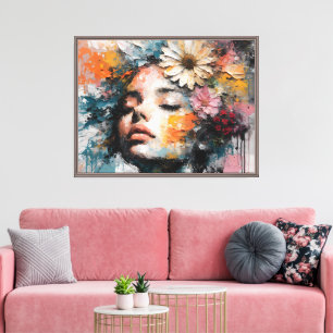 Arte de pared de retrato de mujer floral abstracto