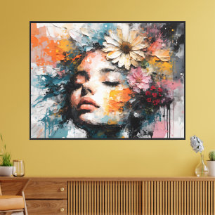 Arte de pared de retrato de mujer floral abstracto