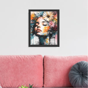 Arte de pared de retrato de mujer floral abstracto