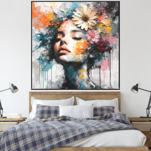 Arte de pared de retrato de mujer floral abstracto