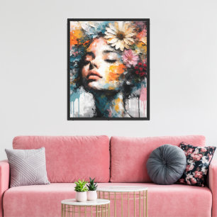 Arte de pared de retrato de mujer floral abstracto