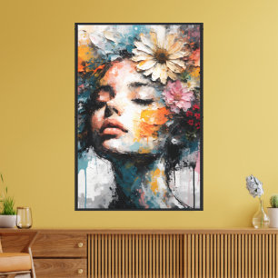 Arte de pared de retrato de mujer floral abstracto