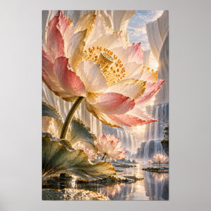 Arte de pared de santuario de cascada con loto ros