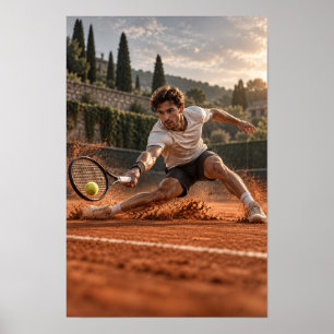 Arte de pared de tenis masculino en pista de tierr