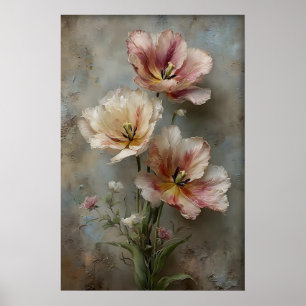 Arte de pared de tulipanes impresos, flores antigu