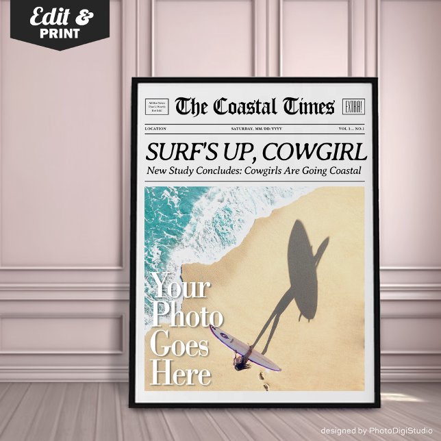 Arte de pared de vaquera costera de impresión de p (Custom Coastal Cowgirl Wall Art, Newspaper Print, Vintage New York News | Beachy Western Wall Art)