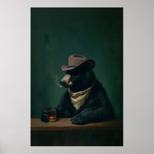 Arte de pared de vaquero de oso fumando, bar vinta
