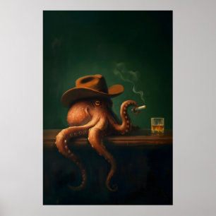 Arte de pared de vaquero de pulpo fumando, bar mal