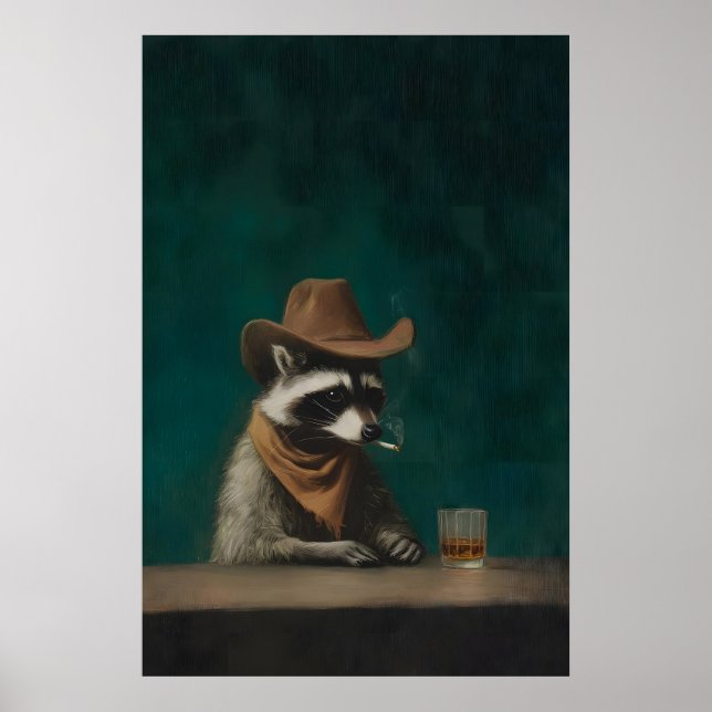 Arte de pared de vaquero mapache fumando, divertid (Frente)