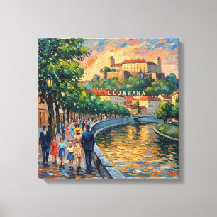 Arte de pared del castillo junto al río Ljubljana