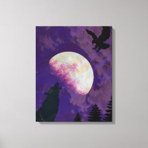 Arte de pared en lienzo de luna de lobo aullador