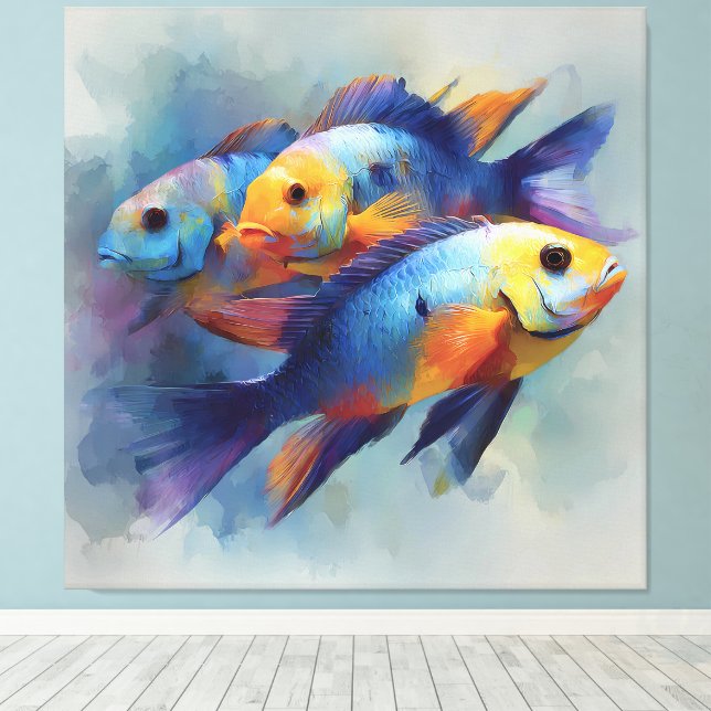 Arte de pared en lienzo tríptico de peces tropical (Insitu (piso de madera))