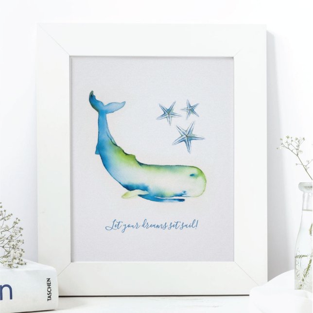 Arte de pared encantador de ballena azul acuarela (Wall Art home decor ideas Watercolor Blue Whale with inspirational quote for home )