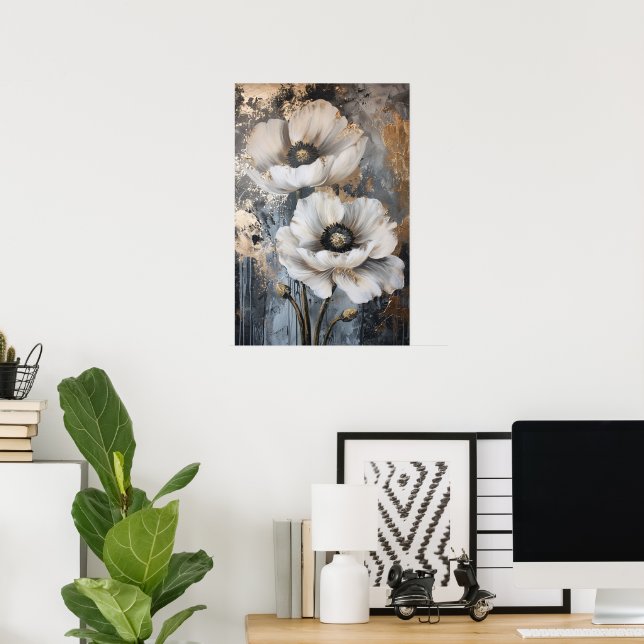 Arte de pared floral blanco elegante con acentos d (Oficina en casa)